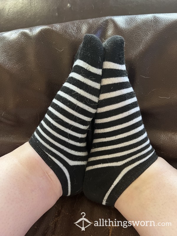Filthy Gray And Black Striped Ankle Socks 🧦 Worn 48hrs 🧦 Smelly Work Socks