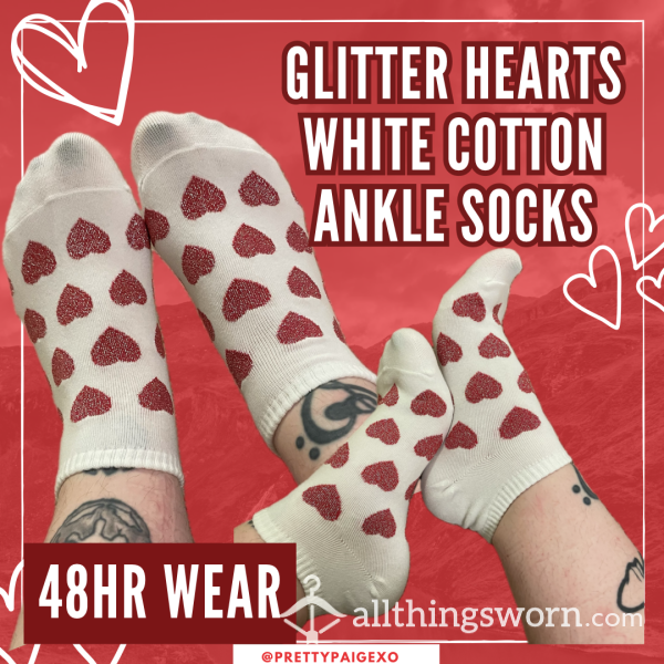 White Cotton Ankle Socks 👣 Red Glitter Hearts ❤️ Worn 48hrs 😘