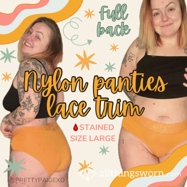 Full Back Panties — Neon Orange Nylon & Lace 🧡 Stained !! Size Large, 48hr Wear