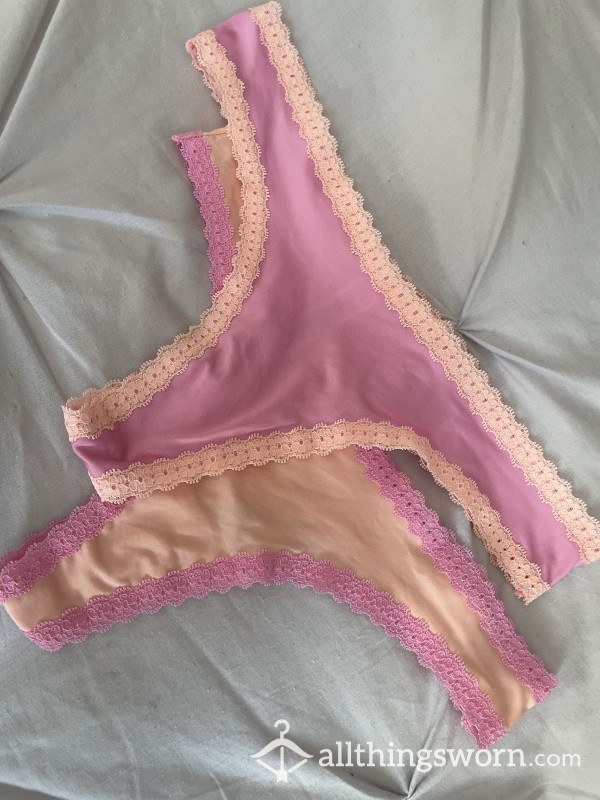 Orange And Pink Thongs.. Lace Trim.. Size Small.. Tight Fit😉 Deal For 2 Pairs Of Thongs For £20… You Will Get Proof I’m Wearing Them🥵