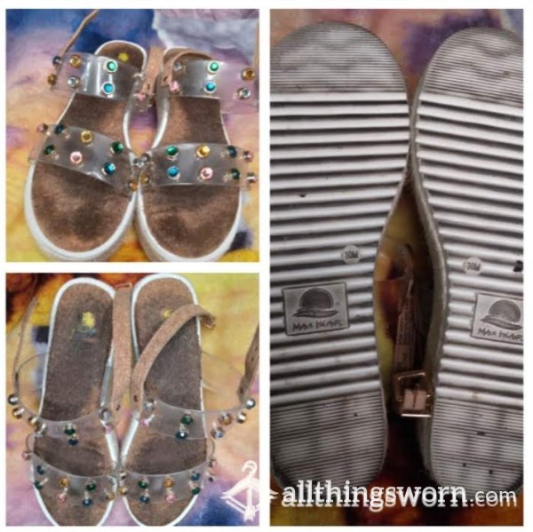 1 YEAR OLD, WELL-WORN (Has Been Broken & Repaired)❤️‍🩹Size 10[US Womens] Open Toe Platform Sandals 👡 Clear & Bejeweled Band, With Ankle Strap Closure & Cork Insoles; White Soles (LOOK AT THOS