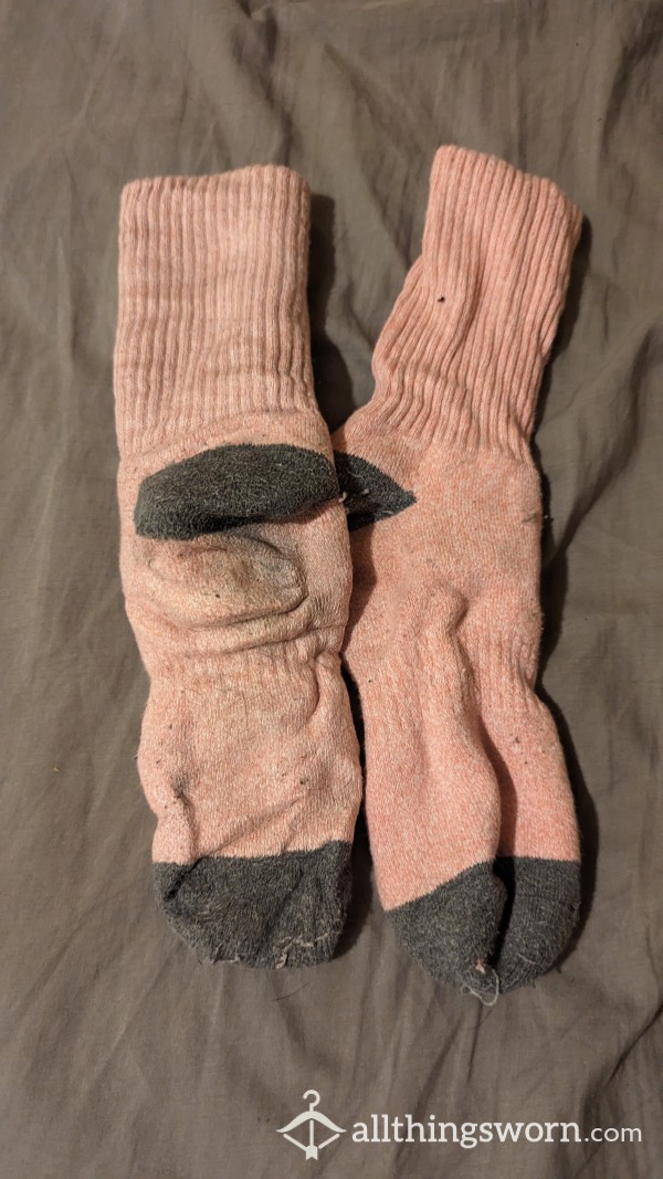 Very Dirty, Sweaty Pink And Grey Thermal Socks. Size 5 UK🩷🩷