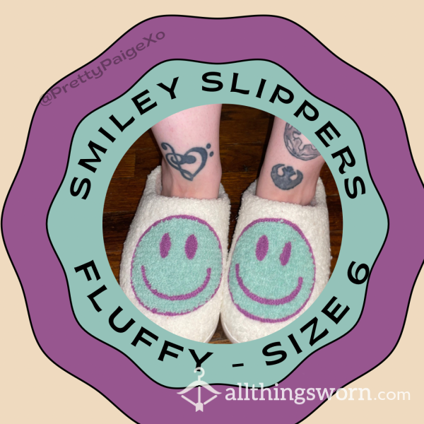 Dirty Purple & Green Smiley Slippers 💜 Well-worn, Toe Prints 💚 Small Size 6 👣