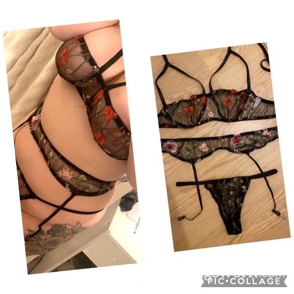 Sexy 3 Piece Black Lace Set With Embroidered Floral Design 😜🌸