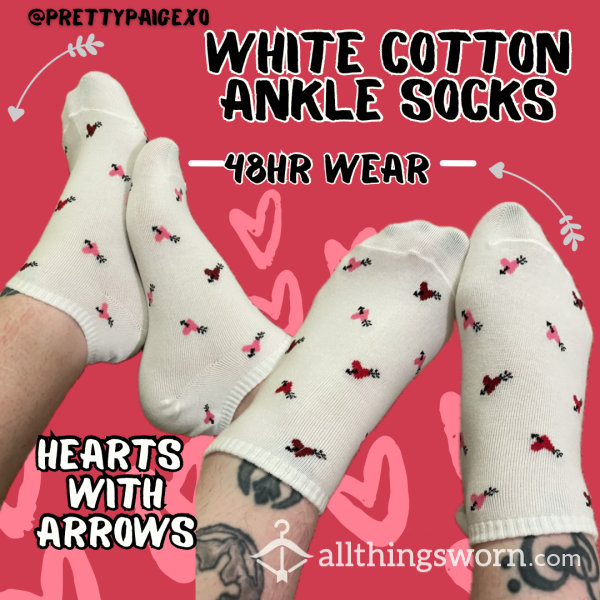 White Cotton Ankle Socks 👣 Hearts With Arrows 💘 48hr Wear