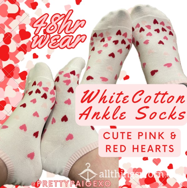 White Cotton Ankle Socks 👣❤️ Red & Pink Hearts 🩷 Worn 48hrs 💋😏