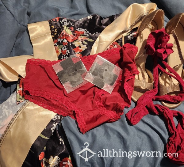 🛒 Custom Lingerie Wear $29: 👙 Sweetheart 💖 Red Panty, Red Fishnet Stockings, & Nipple Tape With 2️⃣-Day Heavy Play Wear. & 4️⃣ Electronic 🤳 Images 📷 During Wear. ➕️ Add Ons
