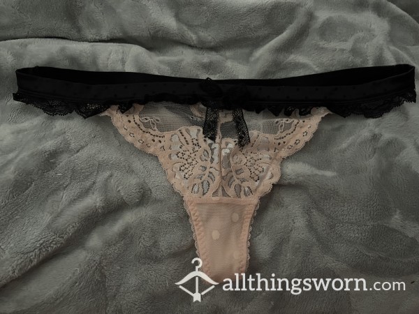 1 Day Worn Lacy Black And Peach Thongs