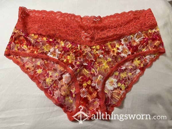 100% Virgin Worn Red Floral Lace Panties