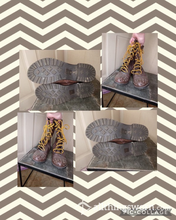 😱11 YEARS OLD, Well-Worn, Spiked Toe, Brown Leather Combat Boots; Size 9{Womens US]