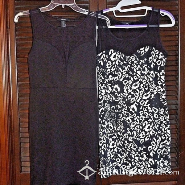 2 Sexy Form-Fitting Bodycon Forever21 Dresses, Black & White, Sheer Bodice, M