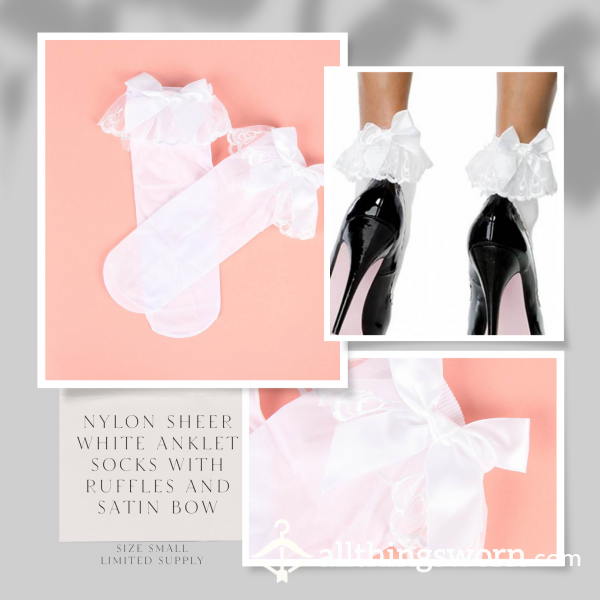 [$20 OBO] 🛒🖼️🏖️Stock Photo Used 🏖️88% Nylon / 12% Spandex Blend 🏖️ Size Small (9) 🏖️ Sheer White Anklet Socks With Satin Bow 🏖️