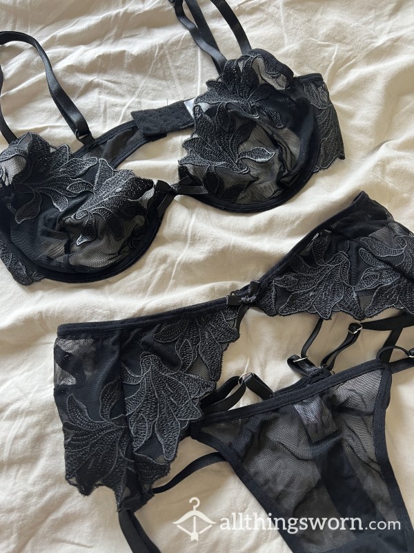3 Pieces Matching Set, Sexy Black Mesh With Garter