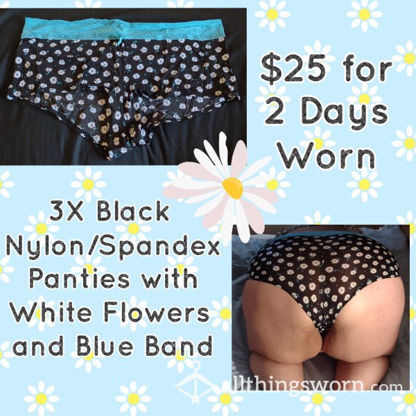 3X Black Nylon Panties With White Flowers And Blue Waistband