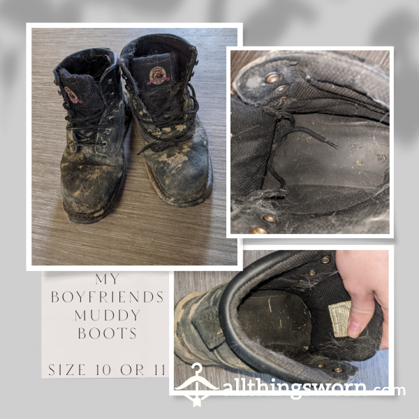 [$45 OBO]🧺📸🏖️My Boyfriend's Muddy Boots 🏖️ Size 10 Or 11 🏖️ In April We Went To My Sisters Farm, Tried Digging Her Composter Out Of The Mud 🏖️ Additional Photos Included In Listing 🏖️