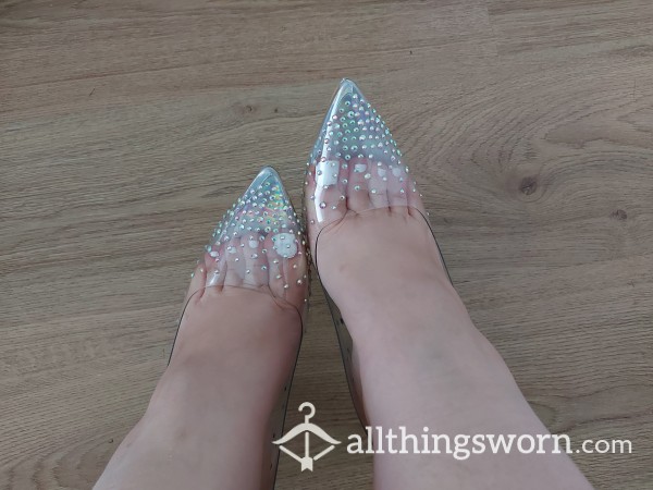 5 Pre-Made Photos Of My Beautiful Cinderella Perspex Shoes On My Tiny Size 2 Feet