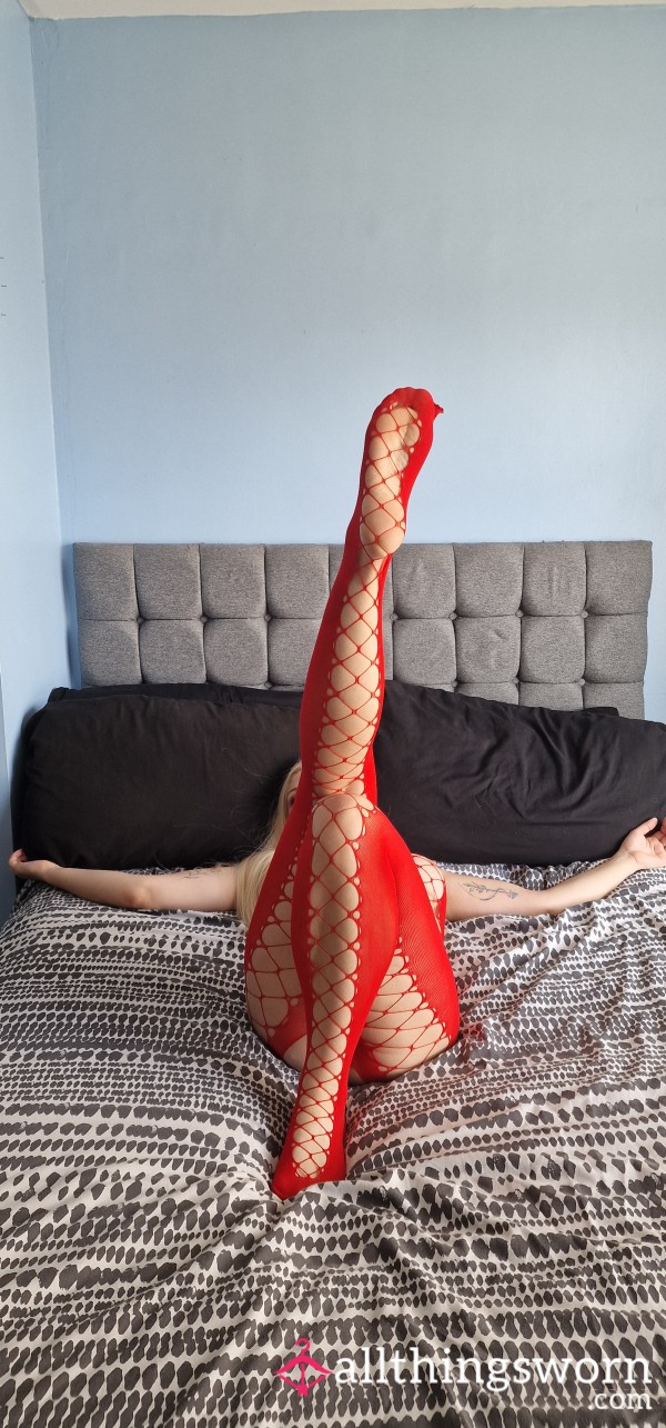 5 Pics Of Me In A Kinky Red Fishnet Nylon Outfit, Various Playful Poses. Face Included