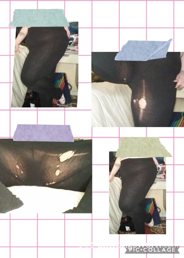 6 Year Old, Extremley Well-Worn Black Leggings/Work Pants, Size 2X, Worn By A BBW Feedie Goddess. Thighs Rubbed So Much They Have Holes In Them!