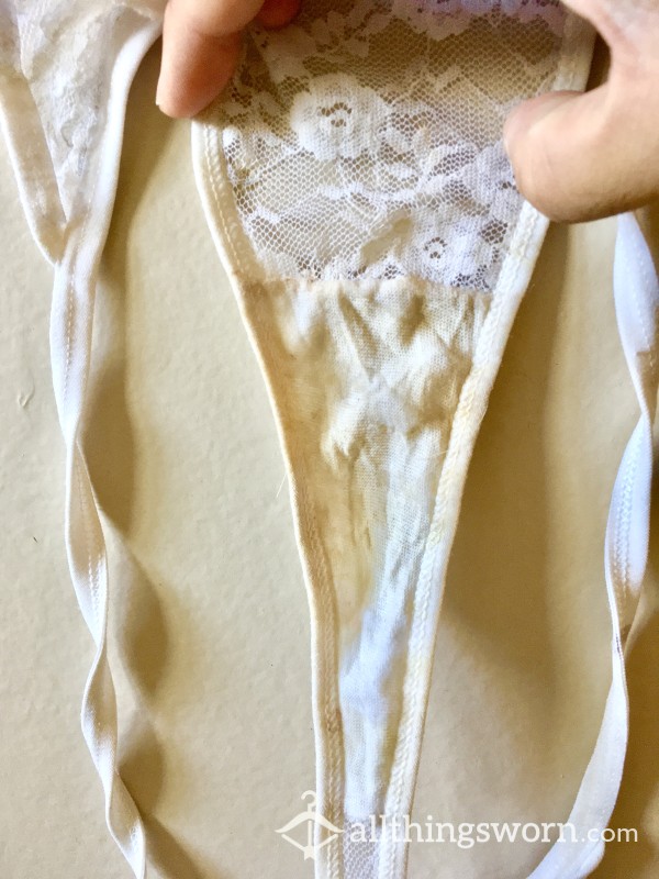 Panty Stuffed Satined Well Scented White Lace Thong. 1 Wk Wear! 💋 Size L