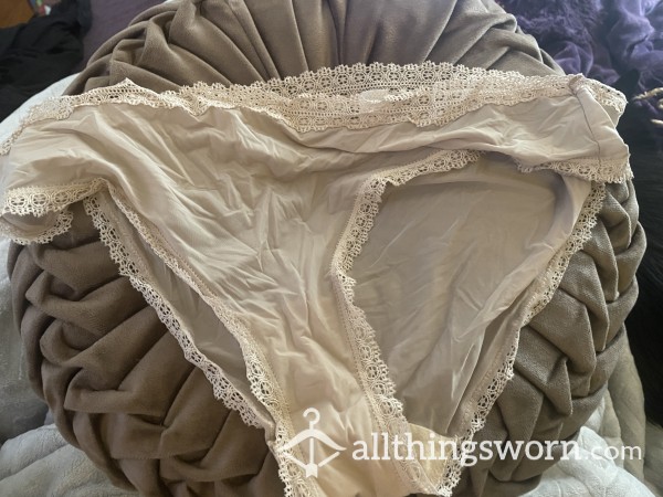 9+ Year OLD Panties!!!  Beige With A Lace Trim, Satiny Soft, Super Worn And Stained Over The Years!