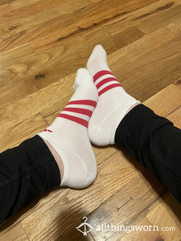 Adidas Ankle Socks White W/ Dark Pink Stripes