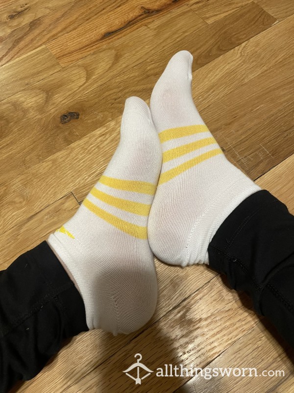 Adidas Ankle Socks White W/ Yellow Stripes
