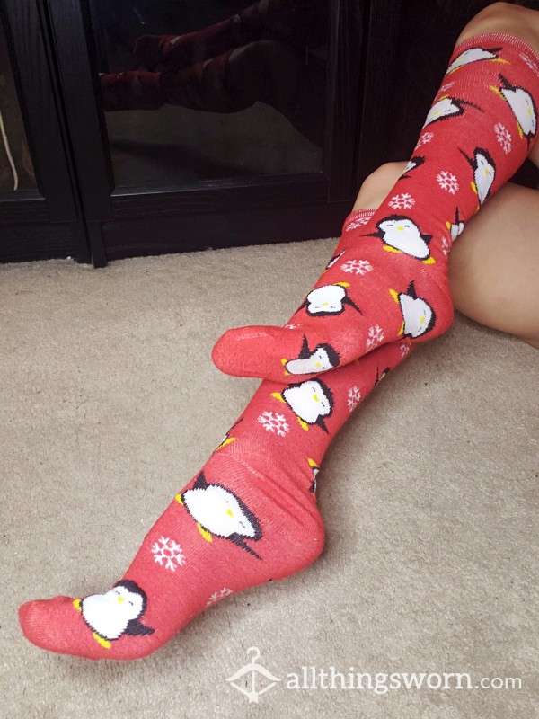 Adorable Baby Penguins Animall Print Red Socks Long Tall Knee High Socks On Japanese Petite Feet