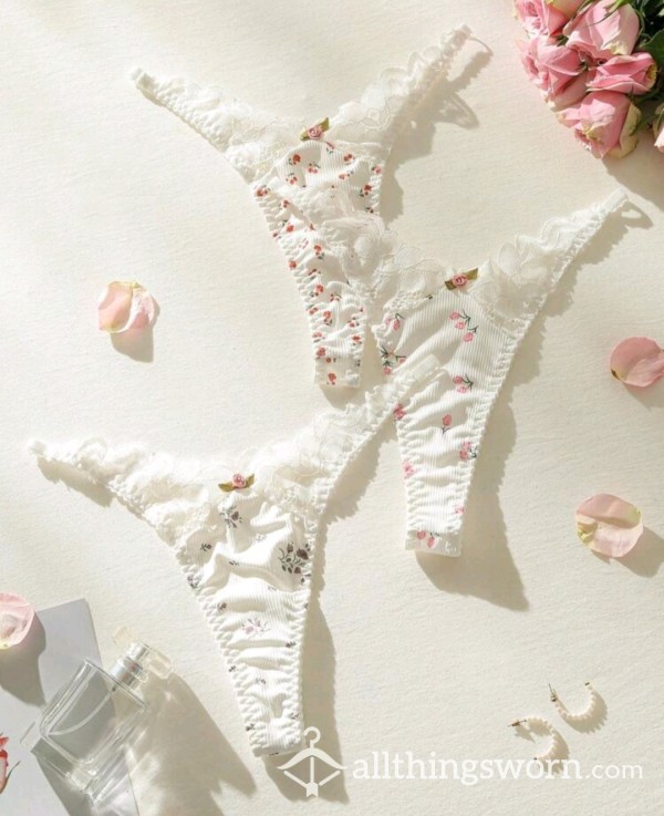 Adorable Frilly Thong With Lace And Flower Print