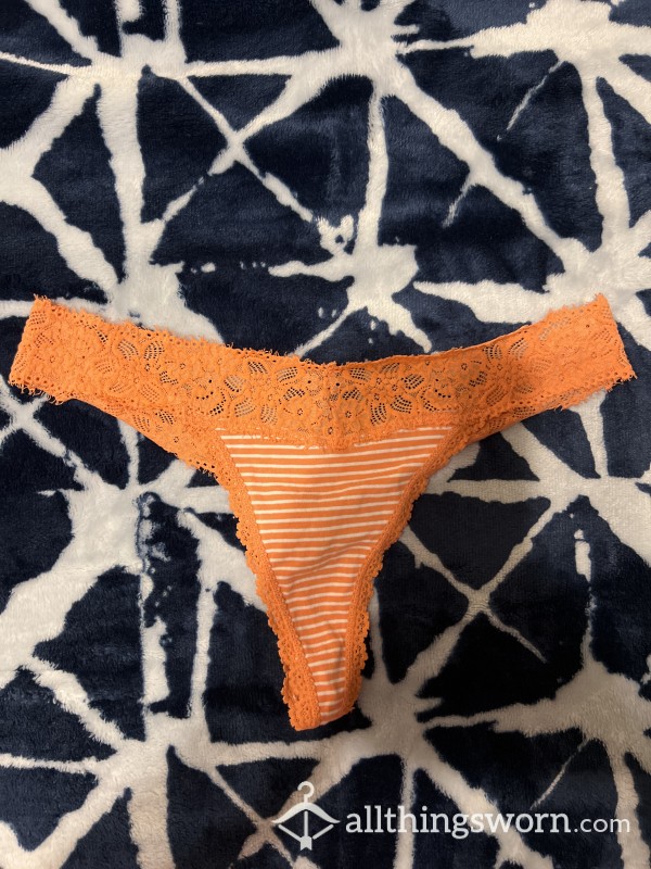 Aerie Orange Striped Lacey Thong