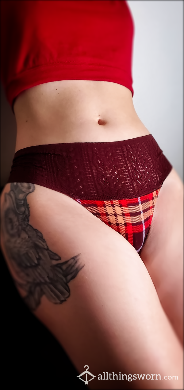 Aerie Red Plaid Cotton And Lace Thong