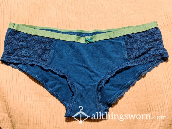 🧺📸 Aerie / Small / Blue Cotton Panties With Floral Lace On Sides And Scalloped Blue Lace Around Leg Holes And Tiny Blue Bow On Front