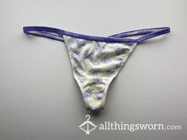Aged & Extremely Well Worn Calvin Klein Thong / White With Purple Pattern (1)