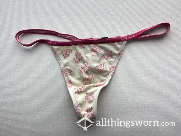 Aged & Extremely Well Worn Calvin Klein Underwear / Thong / White With Pink Pattern