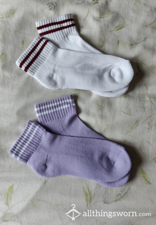 Ankle Socks With Stripes, White And Lavender Coloured