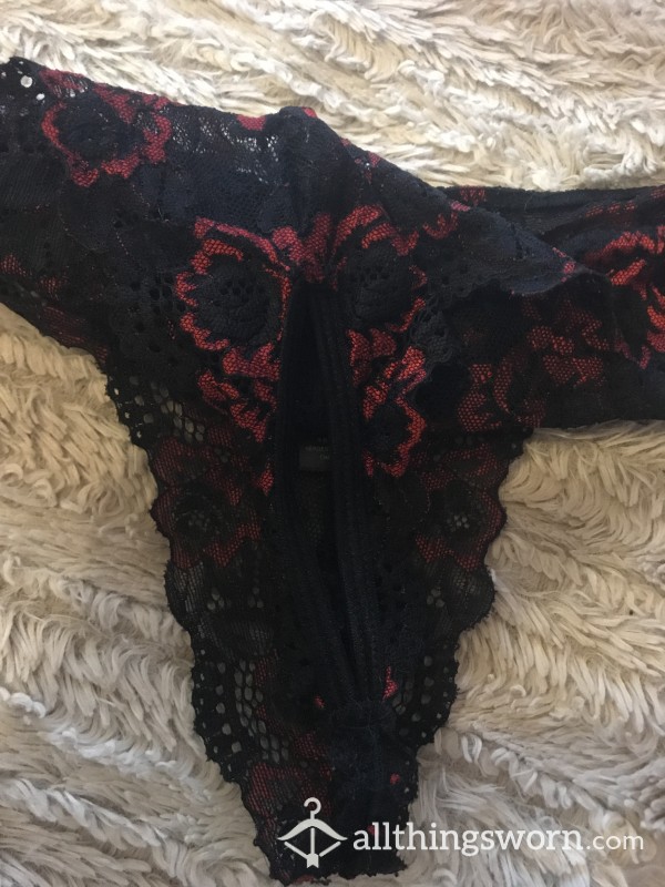 Ann Summers Red And Black Laced Crotch Less Thong