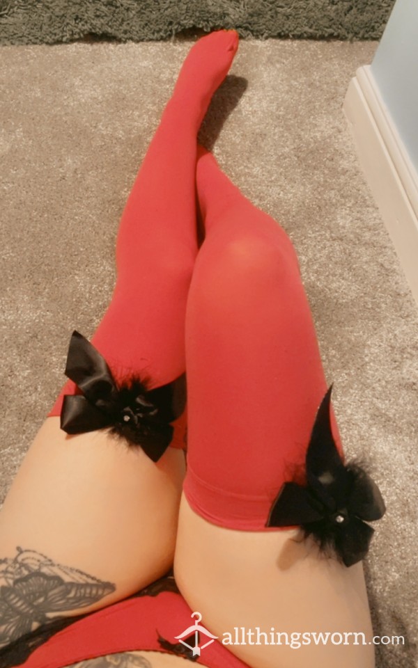 Ann Summers Red Thigh High Stockings / Socks With Fluffy Black Bows