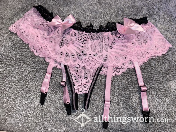 Baby Pink And Black Open Crotch Panties| Sexy Lace And Bow Accents | Small