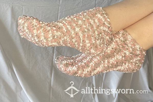 Baby Pink & White Crochet Fluffy Ankle Socks