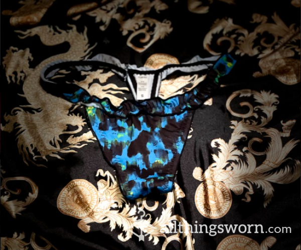 BAD KITTY COLLECTION: Size Small Frilly Blue Cheetah Print Thong