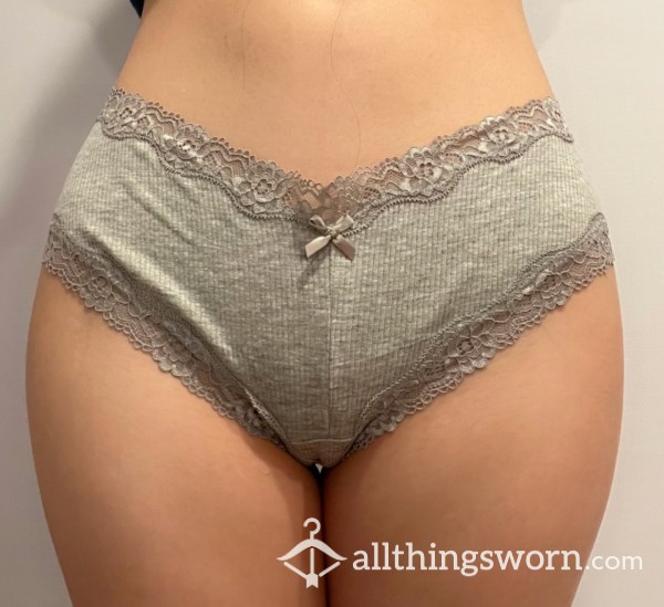 Basic Gray Ribbed Lace Bow Cheeky Panties