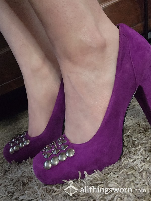 BCBGeneration Size 8 Chunky Purple Faux Suede Studded Square Toe High Heels
