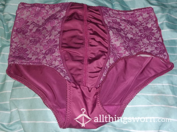 Beautiful Used Maroon Red Silky Panties With Flowery Lace, Size SMALL.