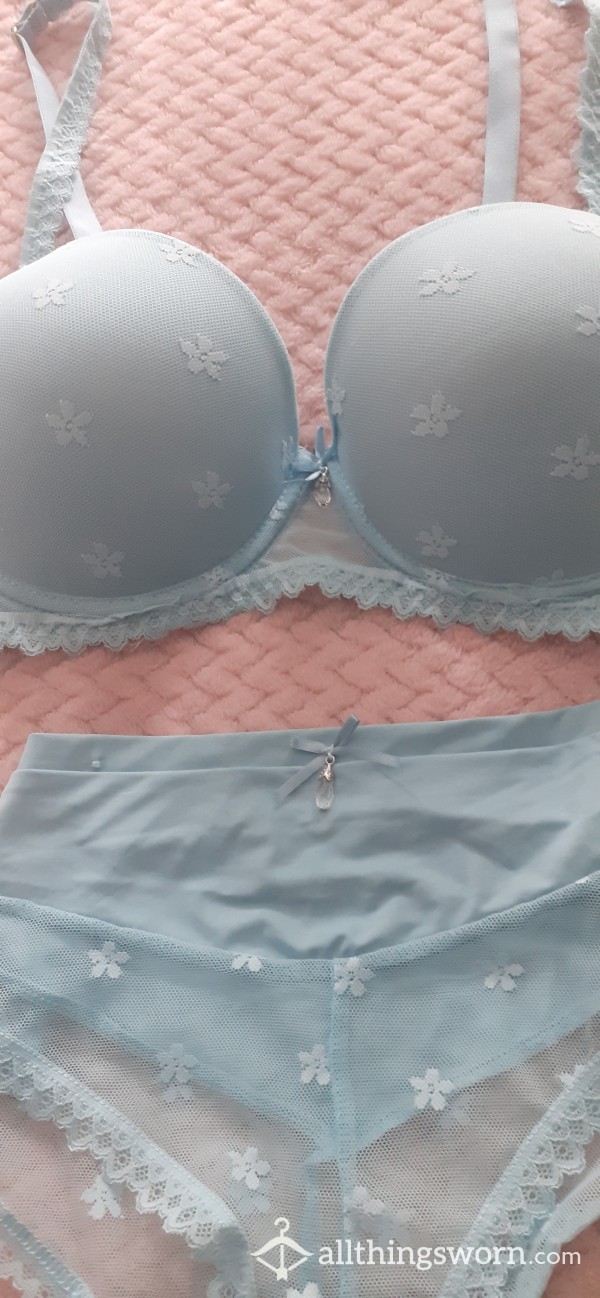 Beautiful Pale Blue Tiny Cystal Bra Panties Set
