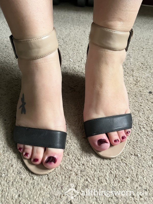 Beige Black Open Toe Wedge Heels - Size 4