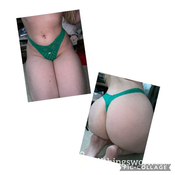 Big Natural Booty Green Lace Cotton Used Dirty Thong