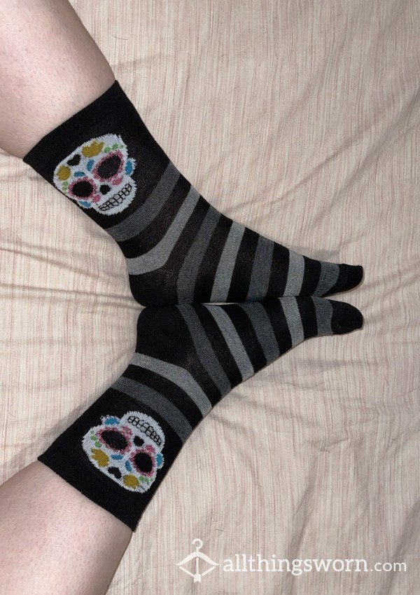 Black And Grey Striped Socks With Sugar Skulls