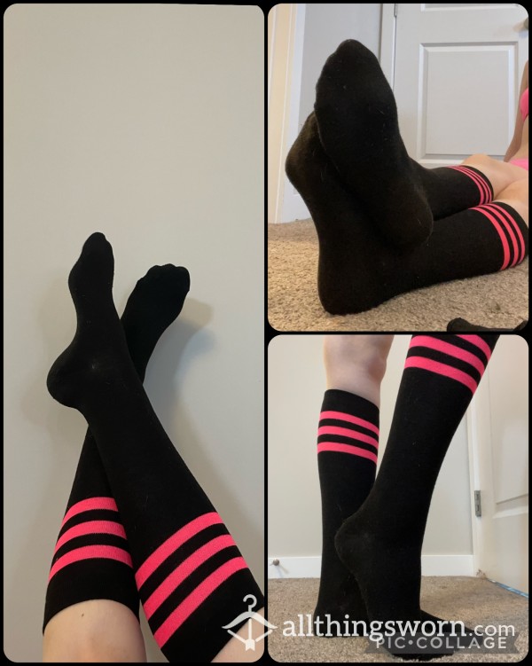 Black And Pink Cotton Knee High Socks