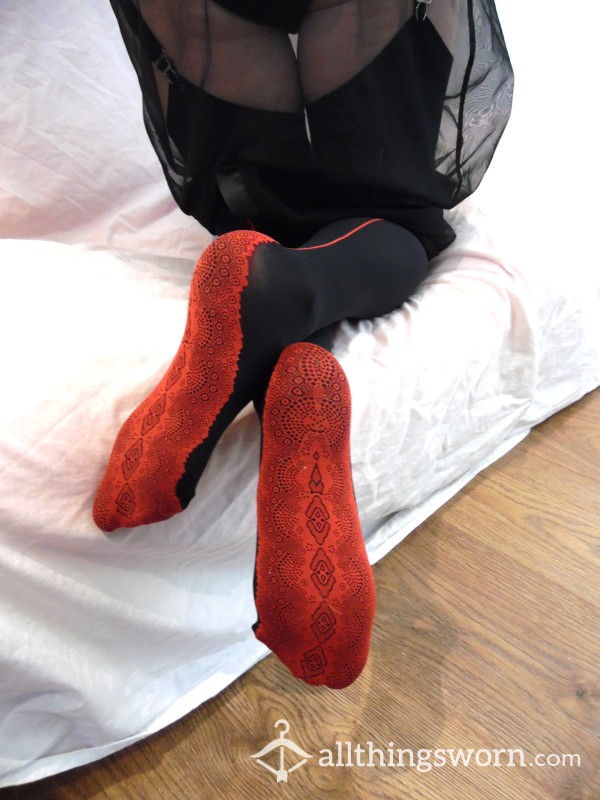 Black And Red Seamed Stockings With Red Feet - Well Worn