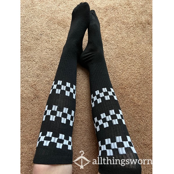 Black And White Checkered Thigh High Socks