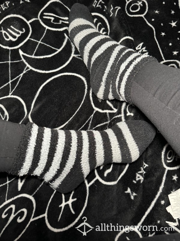 Black And White Striped Well Used Fluffy Socks By A Goth Goddess